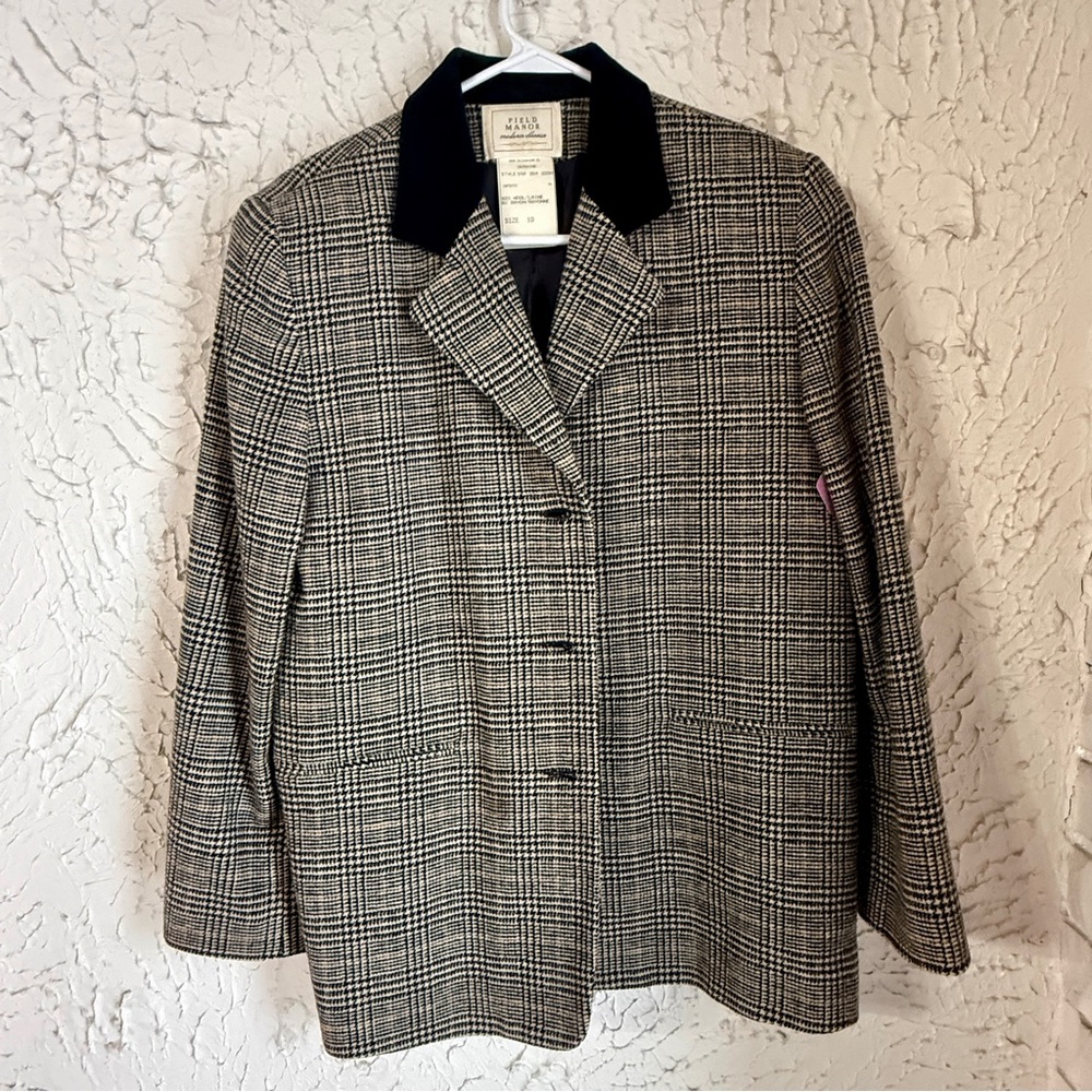 Field Manor Wool Blazer Size 10 I Houndstooth Wool Jacket I Classic Tailored - Picture 3 of 15